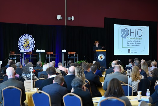 Ohio Economic Forum attendees gather in the Jean Hower Taber Student Union Ballroom to listen to speakers and panelists discuss education and workforce development on Ohio.