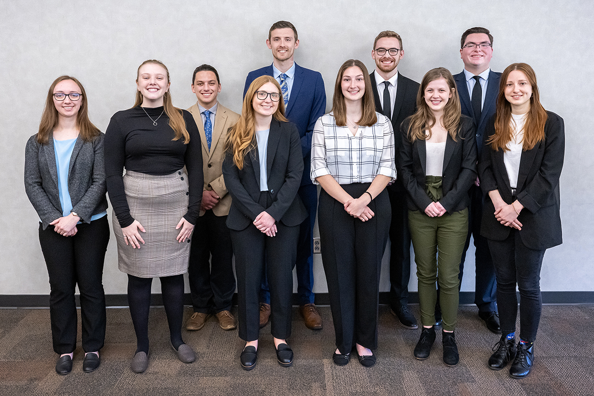 Pictured left to right are 2024 Engineering Trajectory Award recipients Hannah Brunow, Erin Falkosky, Ryan Dippolito, Makayla Scarpitti, Tyler Jones, Jesse Pennington, Jacob Stump, Hannah Liggett, Dale Chenoweth and Tara Mathie.