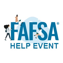 A logo that says FAFSA Form in blue lettering with people sitting on top of the letters