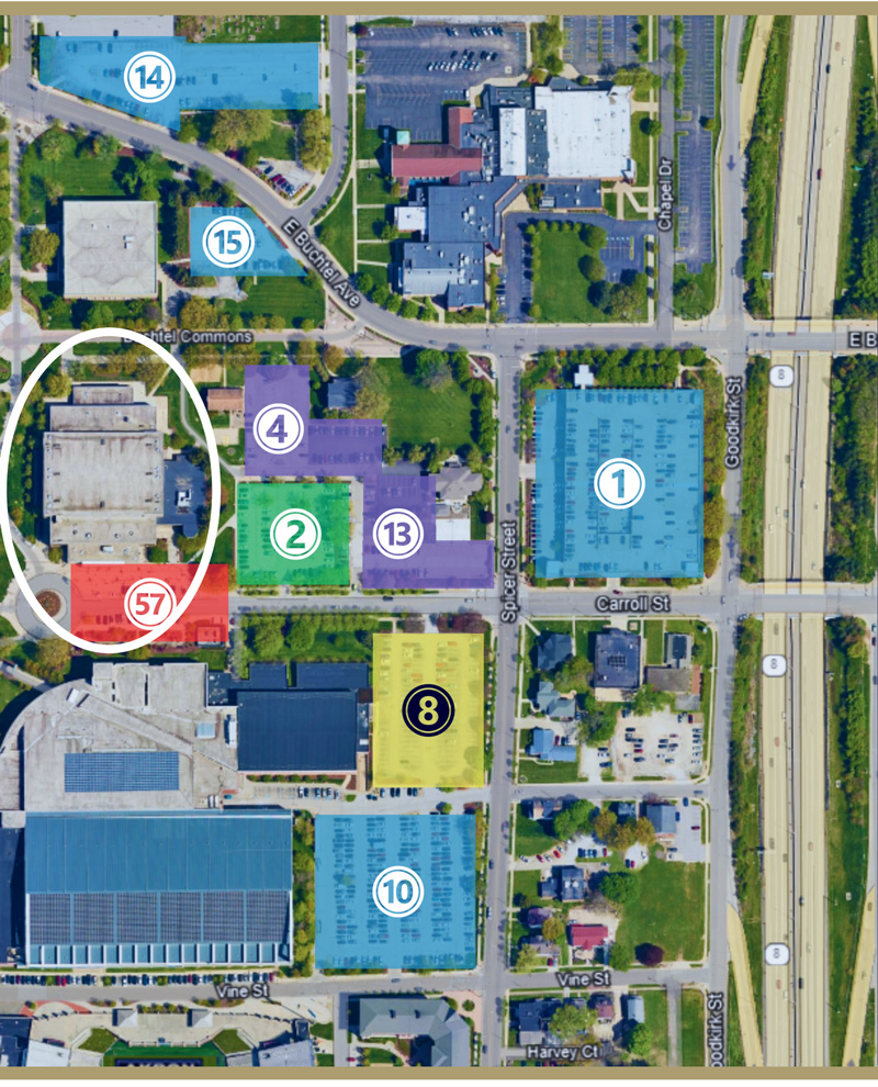 Map overview of James A. Rhodes Arena (JAR) at University of Akron