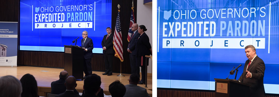 Ohio Gov. Mike DeWine and Akron Law Dean C.J. Peters speak at the introduction of the Ohio Governor's Expedited Pardon Project